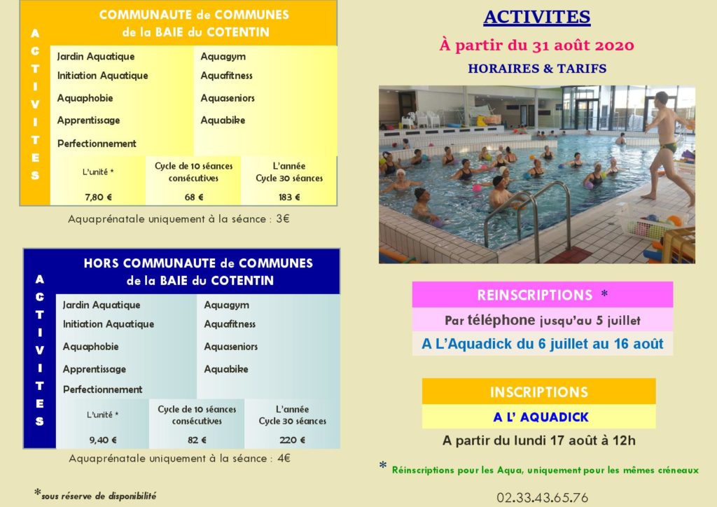 Fiche Mémo - 2020 - 2021 ACTIVITES à partir du 31 août 2020- Tarifs