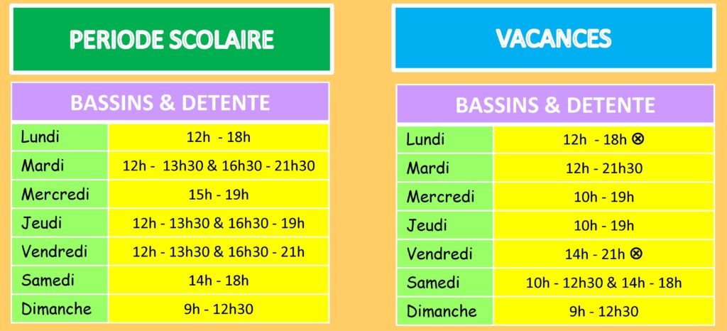 Horaires bassins détente
