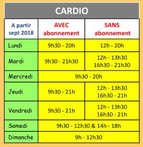 Horaires cardio période scolaire