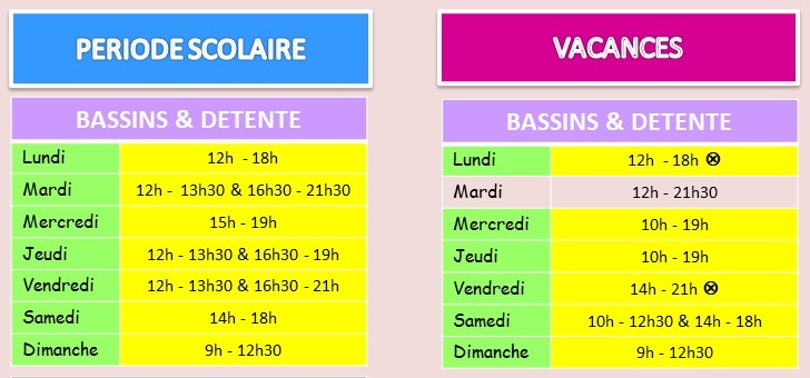 Horaires bassins et détente
