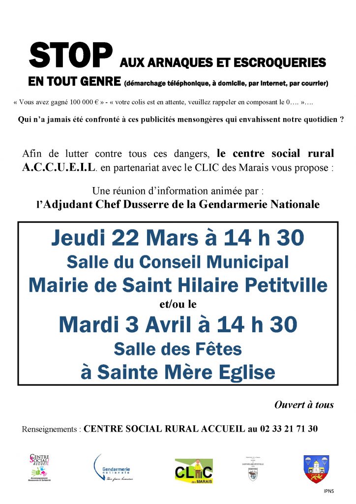 affiche ARNAQUES SAINT HILAIRE PETITVILLE et SAINTE MERE EGLISE