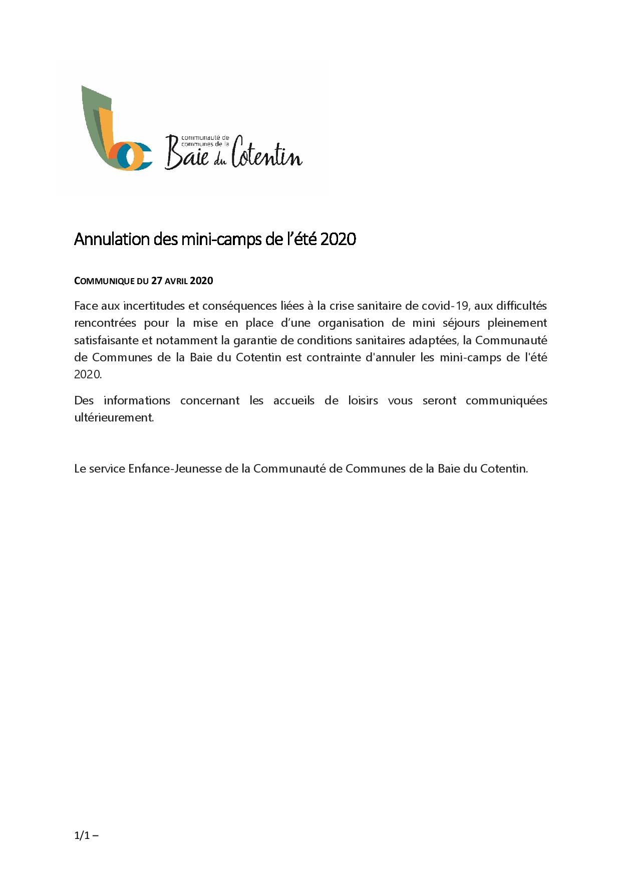 CORONAVIRUS - Communiqué de presse annulation mini-camps - 27 AVRIL 2020-page-001